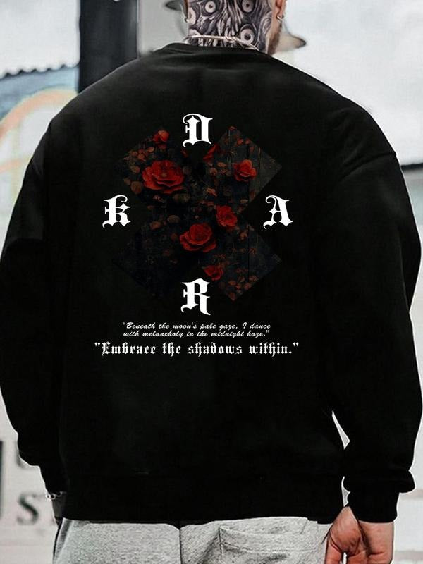 Men's Rose & Letter Print Round Neck Sweatshirt, Regular Fit Casual Long Sleeve Crew Neck Pullover for Fall & Winter,...