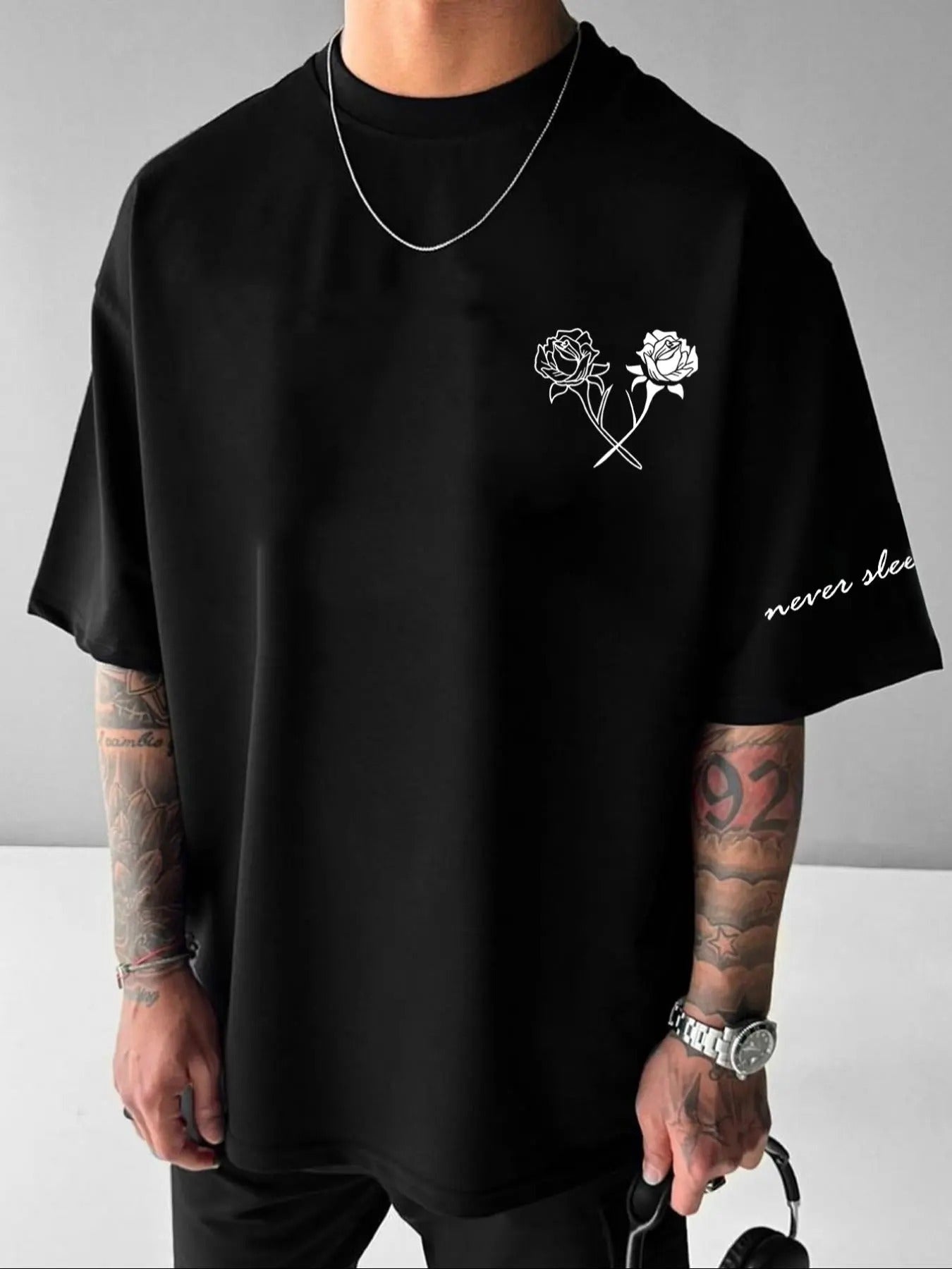 Men's Rose & Letter Print Round Neck Tee, Loose Casual Fashion Short Sleeve T-shirt for Daily Wear, Men's Top for All...