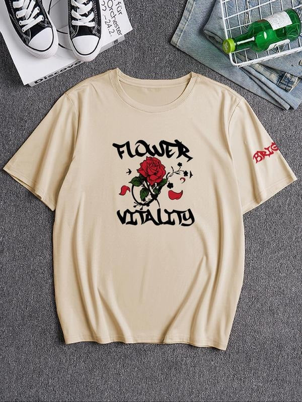 Men's Rose & Letter Print Round Neck Tee, Loose Casual Fashion Short Sleeve T-shirt for Daily Wear, Men's Top for All...