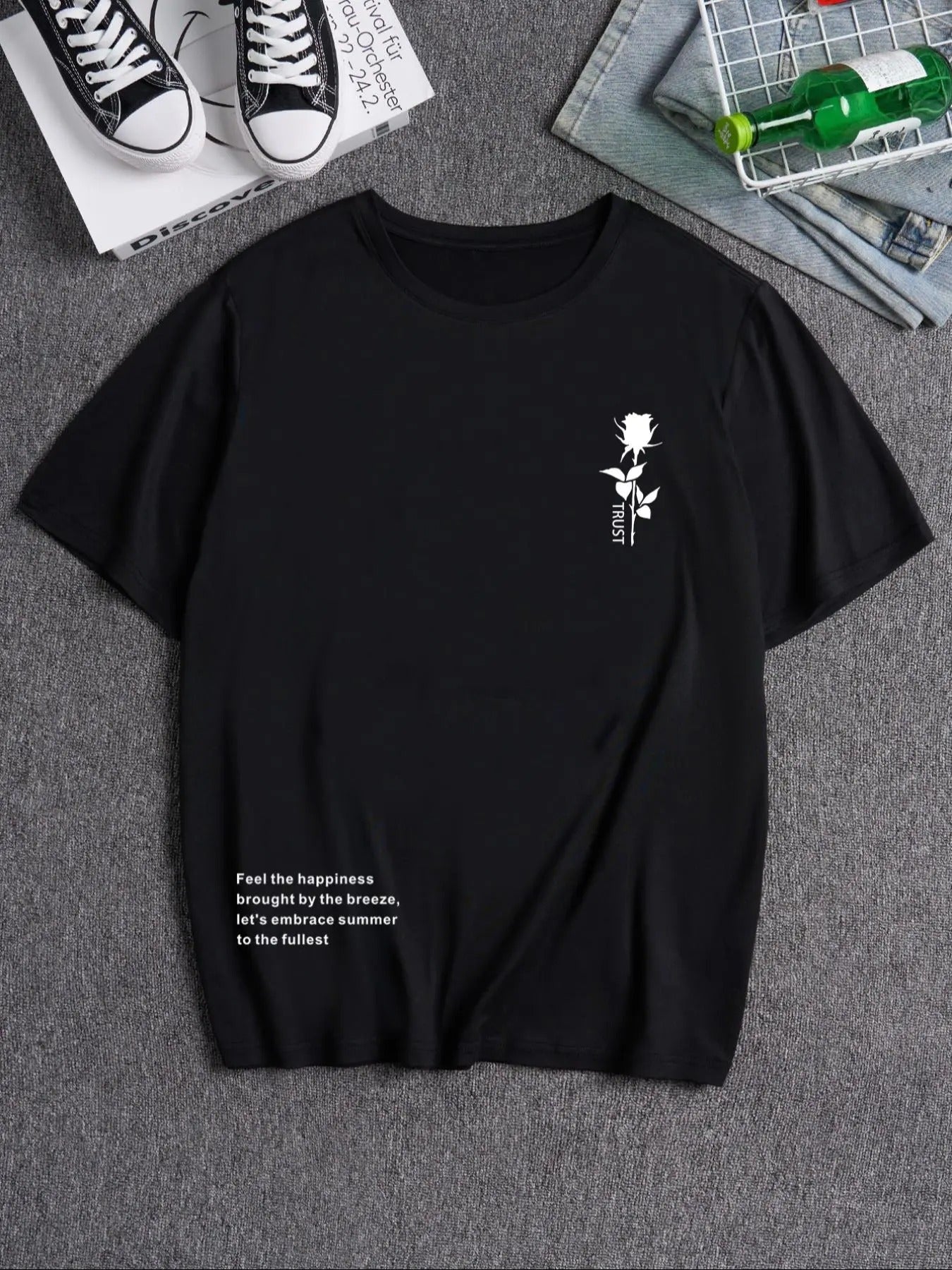 Men's Rose & Letter Print Round Neck Tee, Loose Casual Short Sleeve Crew Neck T-shirt for Daily Wear, Men's Top for All...