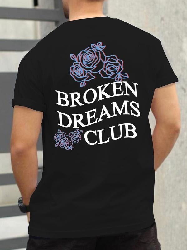 Men's Rose & Letter Print Round Neck Tee, Summer Clothes Regular Fit Short Sleeve Crew Neck T-shirt for Daily Wear,...