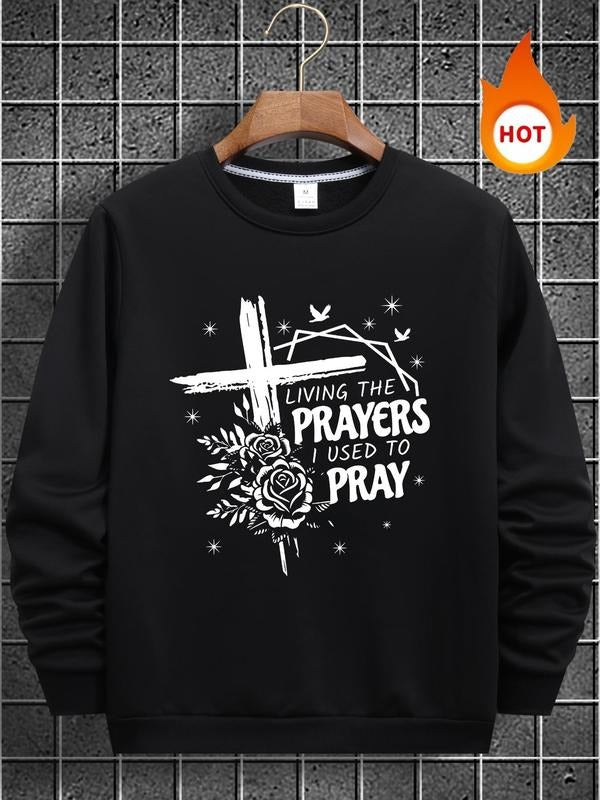Men's Rose & Letter Print Round Neck Thermal Lined Sweatshirt, Regular Fit Casual Long Sleeve Crew Neck Pullover for Fall...