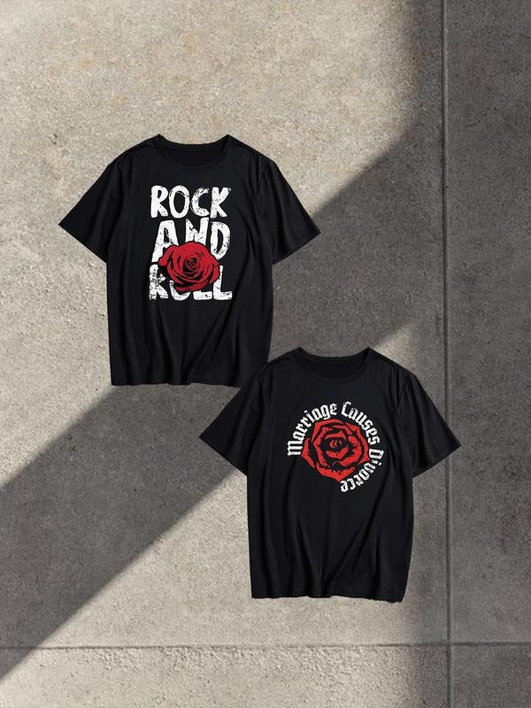 Men's Rose & Letter Print Short Sleeve Tee, Regular Fit Casual Round Neck T-shirt for Summer, Men's Top for Daily Wear...