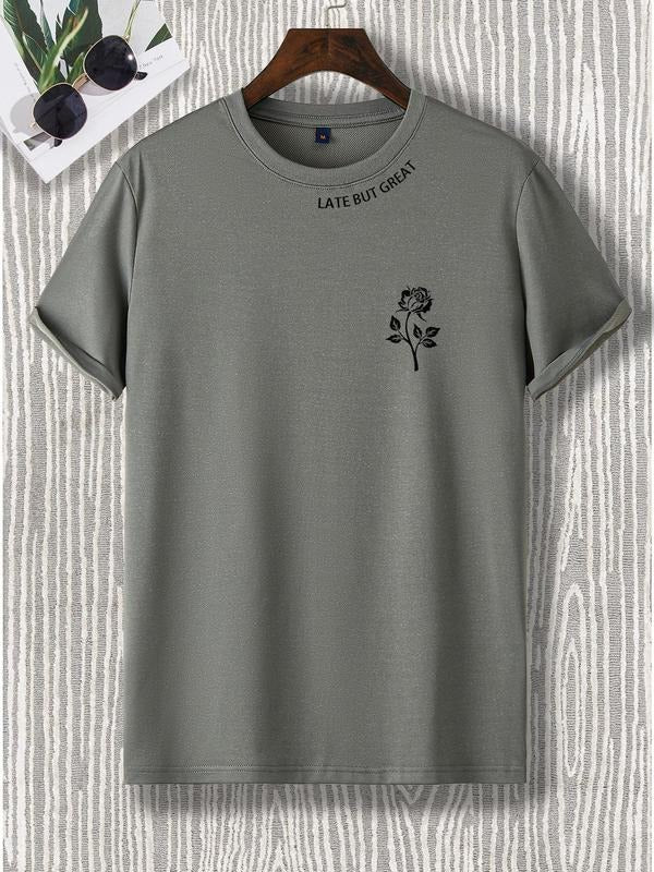 Men's Rose & Letter Print Short Sleeve Tee, Regular Fit Casual Round Neck T-shirt, Summer Clothes, Men's Clothing for...