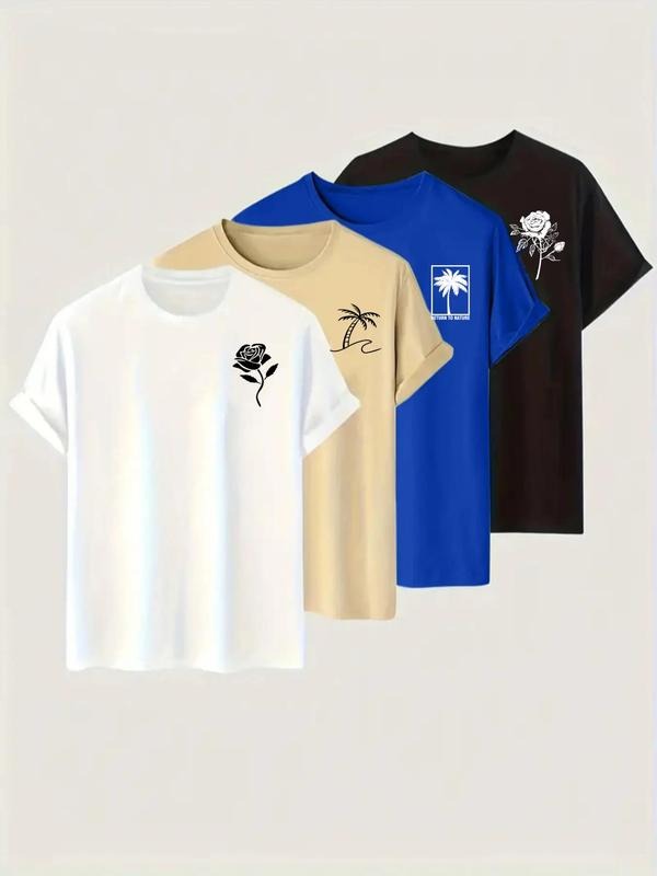 Men's Rose & Palm Tree Print Round Neck Tee, Regular Fit Casual Short Sleeve T-shirt, Graphic Tees, Men's Summer Top for...