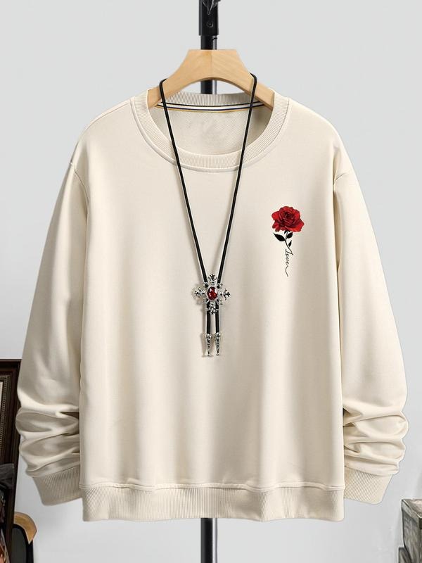 Men's Rose Print Drop Shoulder Crewneck Sweatshirt, Crew Neck Long Sleeve Pullover Essentials Sweatshirt, Fashion Tops...