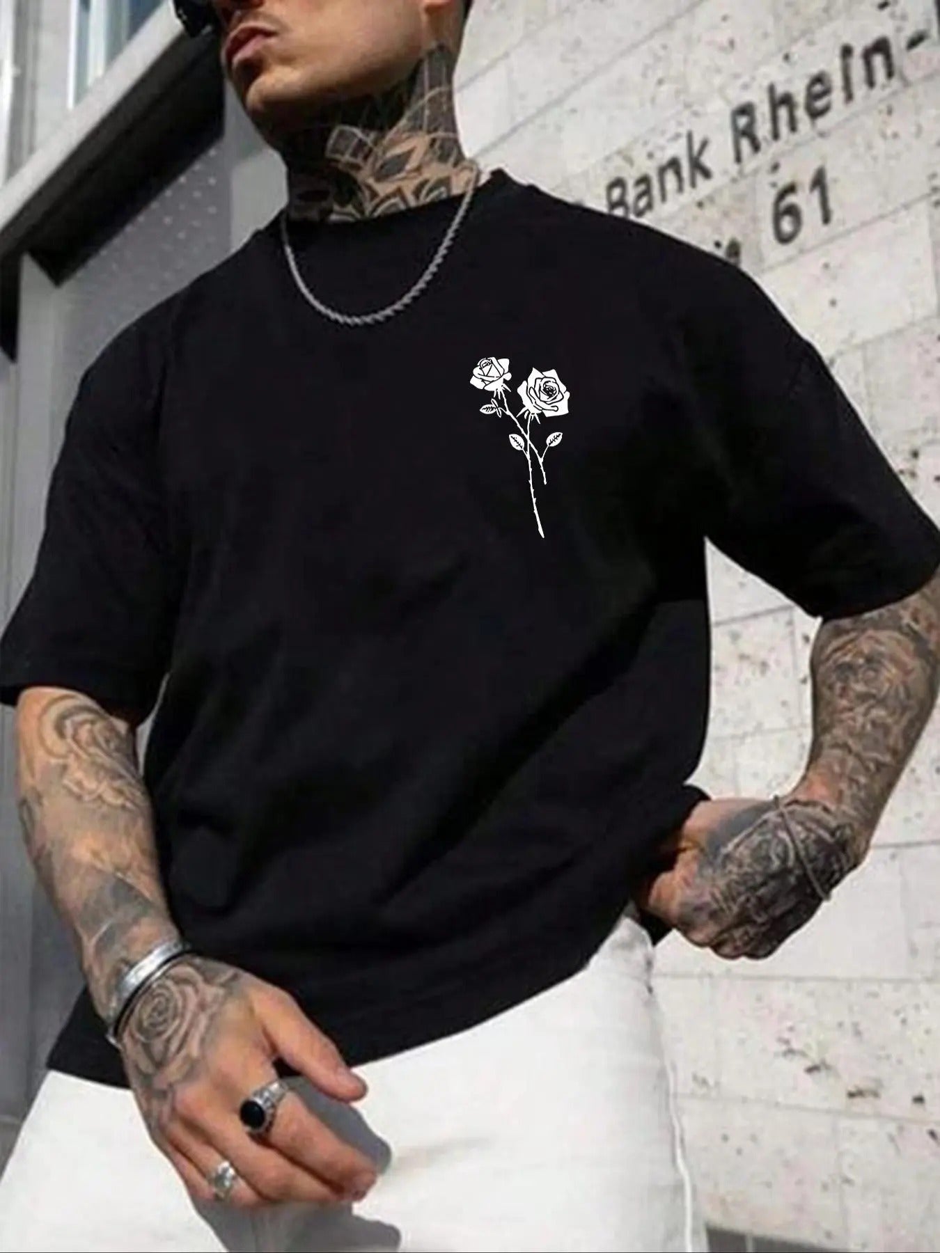 Men's Rose Print Round Neck Tee, Loose Casual Fashion Short Sleeve T-shirt for Daily Wear, Men's Top for All Seasons...