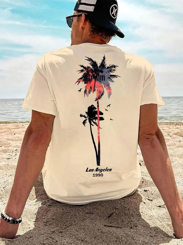 Men's Round Neck Coconut Tree Pattern Printed Short Sleeve T-Shirt, Casual Fit for Summer Outdoor Activities, Trendy Knit...