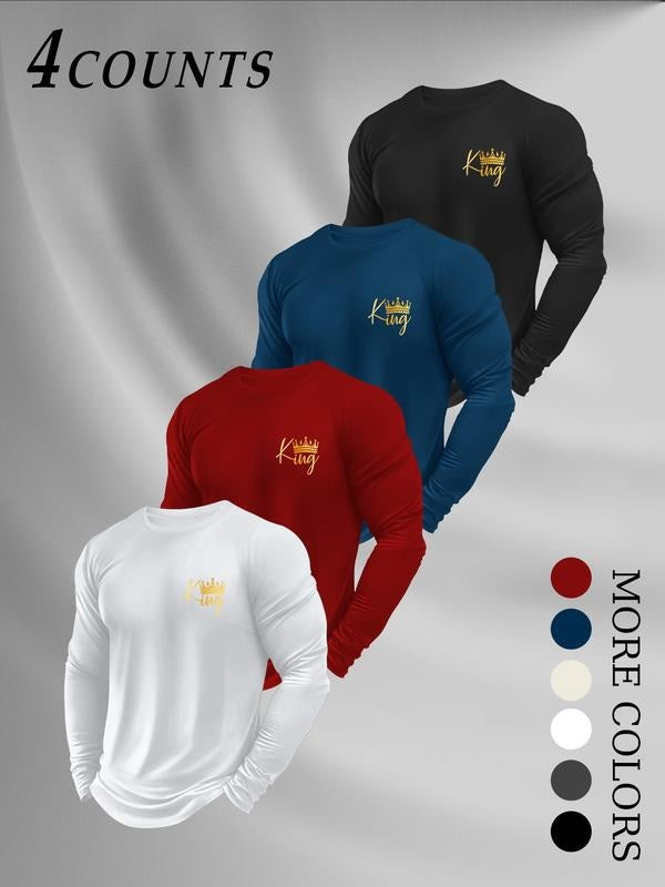Men's Round Neck Crown Print Long Sleeve T-Shirt, Casual Geometric Pattern, Fitted Style, Moderate Fabric Thickness, Fall...