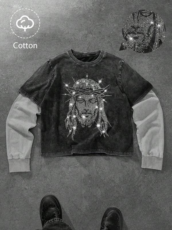 Men's Round Neck Long Sleeve T-Shirt, Cotton Feel Faux Two-Piece Hoodie, Jesus Faith Rhinestone Pattern, Casual Fashion,...