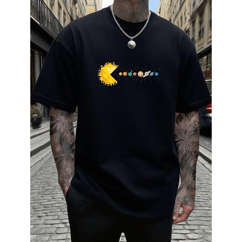 Men's Round Neck Planet Print Short Sleeve Casual Loose T-Shirt Hoodie, Sweatshirt | PodTeesHub.com