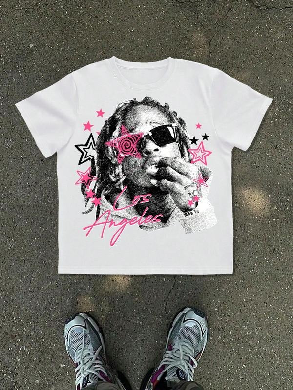 Men's Round Neck Short Sleeve Graphic Print Casual Top T-Shirt, Summer Fitted Style, Fashionable Outdoor Sports School...
