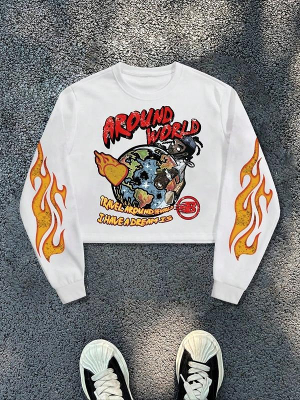 Men's Round Neck Sweatshirt, Earth Letter Print, Casual Fashion, Street Style, Fall & Winter, Fitted Medium Fabric, Daily...