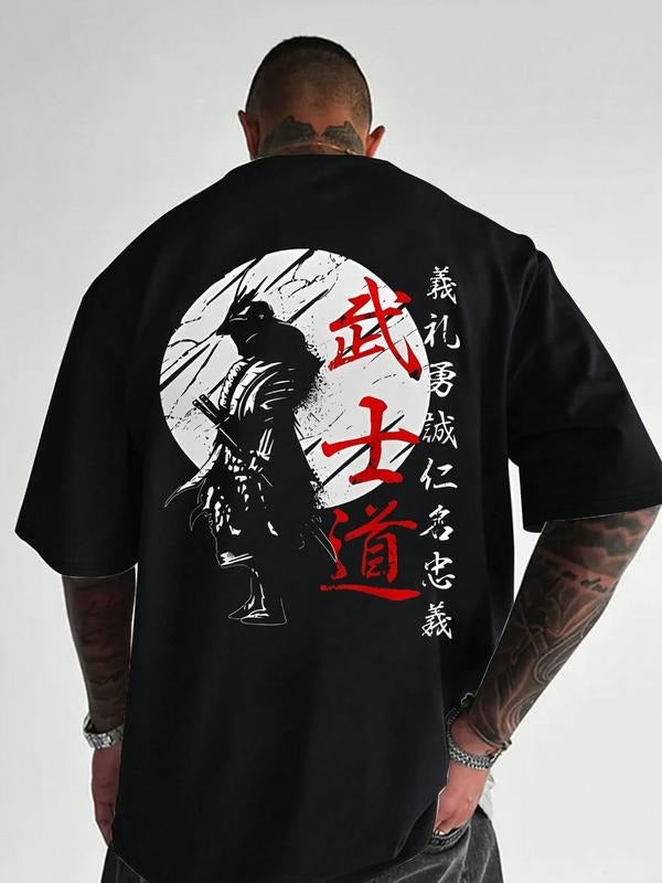 Men's Samurai Graphic Print Round Neck Short Sleeve Casual T-Shirt, Street Style Fitted Summer Top, Fashionable Outdoor...
