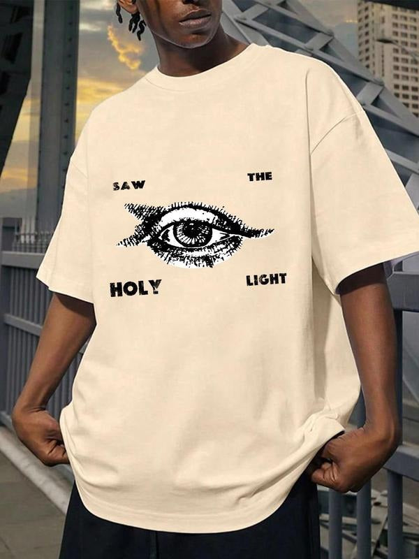Men's Saw The Holy Light Letter & Eye Print Drop Shoulder Crew Neck Tee, Loose-Fitting Casual Street Short Sleeve Round...
