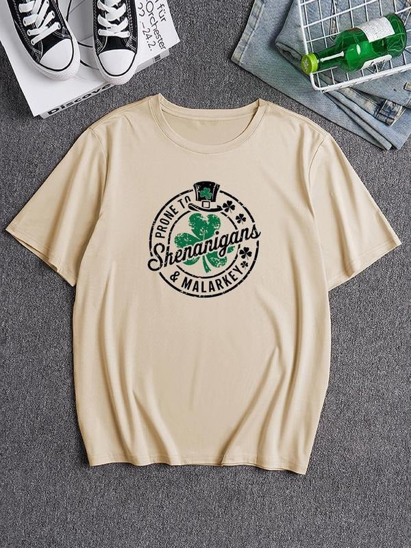 Men's Shamrock & Letter Print Round Neck Tee, Casual Loose Short Sleeve T-shirt for Summer, Men's Top for Daily Wear...