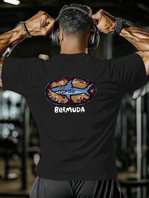 Men's Shark Print Round Neck Tee, Regular Fit Casual Short Sleeve Crew Neck T-Shirt for Daily Wear, Men's Top for All...