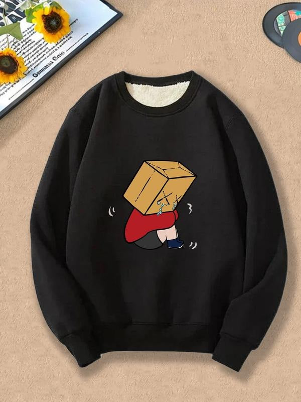 Men's Sherpa Lined Cartoon Graphic Print Round Neck Sweatshirt, Thick Thermal Warm Regular Fit Casual Long Sleeve Crew...