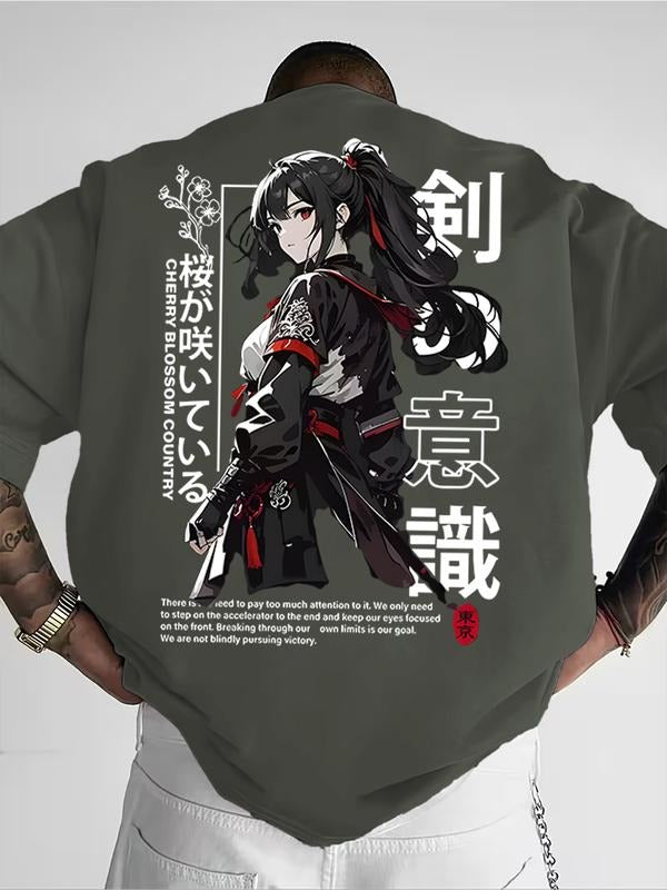 Men's Short Sleeve T-Shirt Anime Samurai Girl Cherry Blossom Japanese Print Casual Top, Fitted Graphic Tee for All...