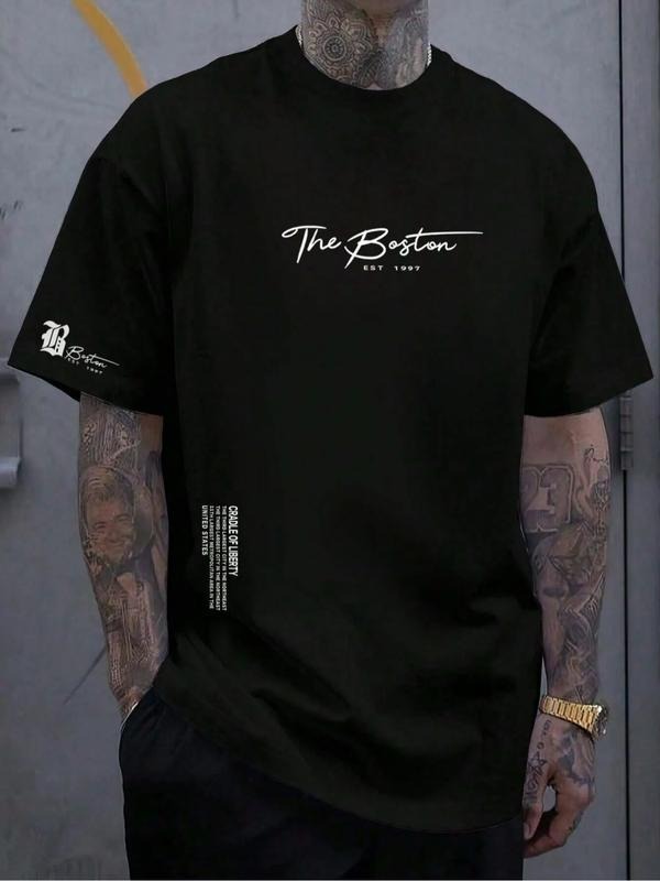 Men's Short Sleeve T-Shirt Letter Print Street Style, Loose Fit Comfortable Casual Sportswear, Perfect for Daily Wear &...
