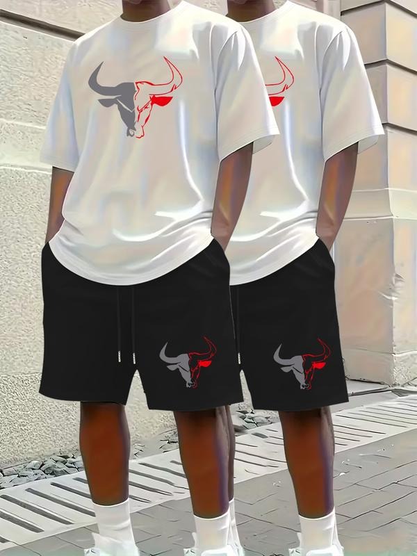 Men's Short Sleeve T-Shirt Set Bull Print Casual Sports Wear, Fitted Regular Length, Letter Pattern, All Seasons Hoodie,...