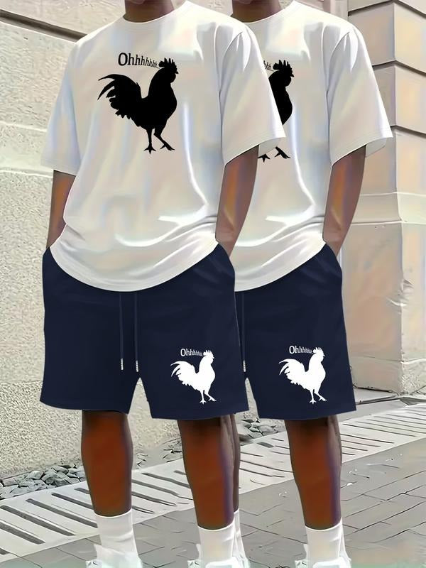 Men's Short Sleeve T-Shirt Set Rooster Print Text Ohhhh, Casual Fitted Regular Length, Daily Wear Sportswear, All Seasons...