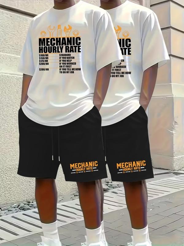 Men's Short Sleeve T-Shirt Set, Mechanic Hour Rate Print Text Pattern, Casual Sportswear, Fitted Regular Length, All...