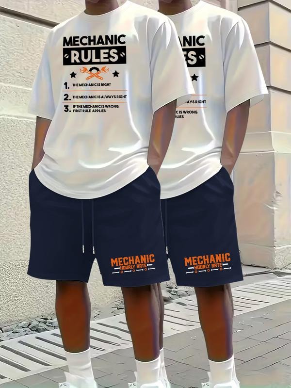 Men's Short Sleeve T-Shirt Set, Mechanic Rule Print Text Pattern, Casual Sport Daily Wear, Fitted Regular Length, All...