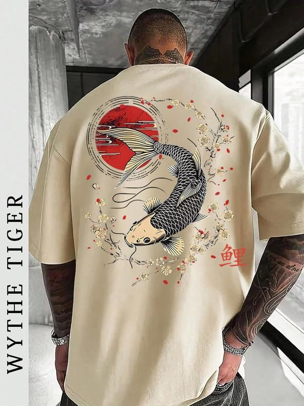 Men's Short Sleeve T-Shirt with Carp Sakura Print, Casual Streetwear Graphic Tee, Fitted Summer Top, All Seasons Fashion...