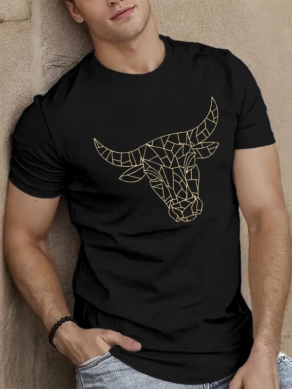 Men's Short Sleeve T-Shirt with Geometric Bull Head Print, Trendy Casual Versatile Top, Summer Fashion Men's Clothing...