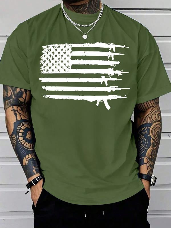 Men's Short Sleeve T-Shirt, Fashion Trendy American Flag Gun Pattern Print, Casual Streetwear, Geometric Design, All...