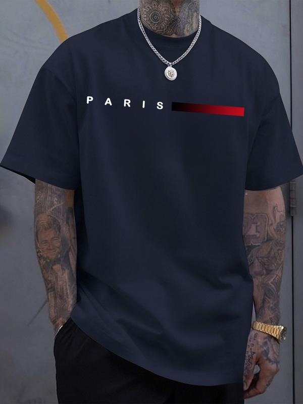 Men's Short Sleeve T-Shirt, Fashion Trendy Paris Letter Gradient Stripe Print, Casual Streetwear, Fitted, All Seasons...