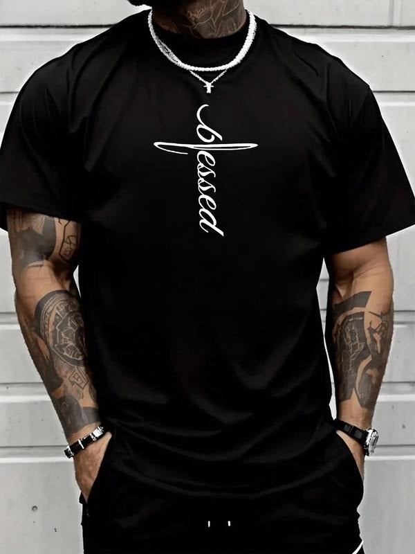 Men's Short Sleeve T-Shirt, Fashionable Trendy Blessed Cross Print Text Design, Casual Streetwear for All Seasons Hoodie,...