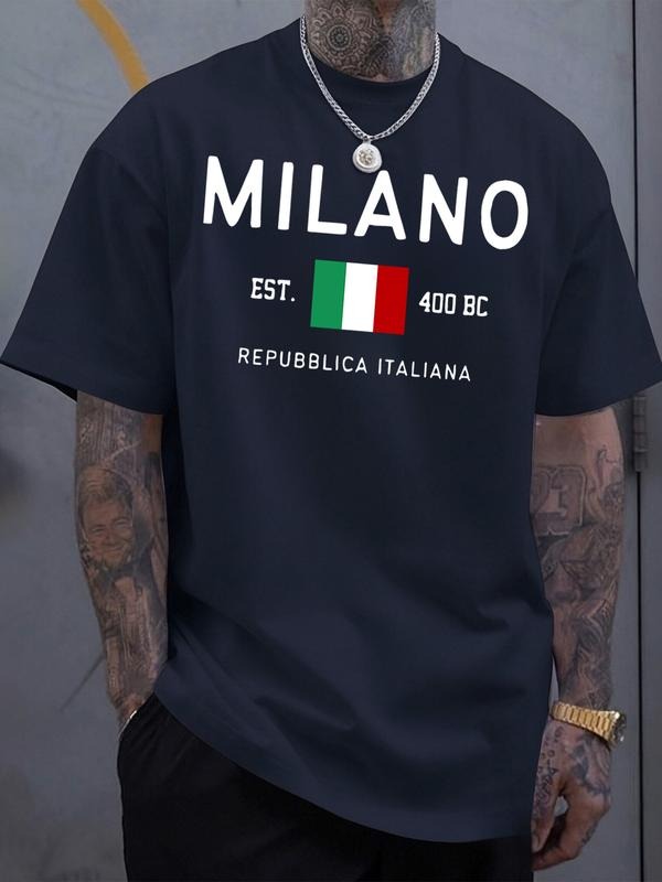 Men's Short Sleeve T-Shirt, Fashionable Trendy Milan Italian Flag Print Text Design, Casual Daily Wear, Geometric...
