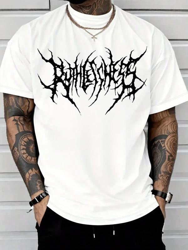 Men's Short Sleeve T-Shirt, Gothic Metal Font Print, Streetwear Trend, Geometric Pattern, Fitted, All Seasons Hoodie,...