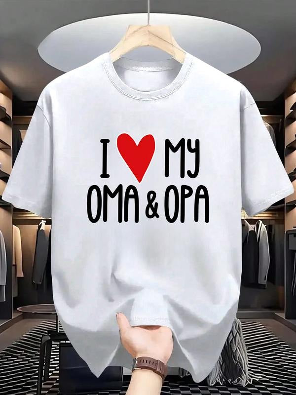 Men's Short Sleeve T-Shirt, I Love My Oma & Opa Print, Casual Geometric Pattern, Fitted Short Length, All Seasons Wear...