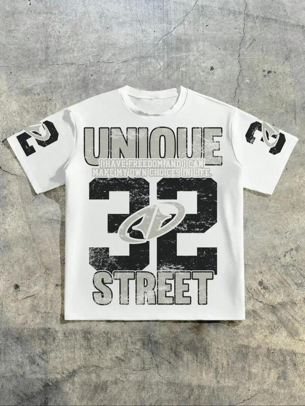 Men's Short Sleeve T-Shirt, Letter Print Round Neck Tee, Loose Fit Casual Vacation Style, Suitable for Daily Wear &...