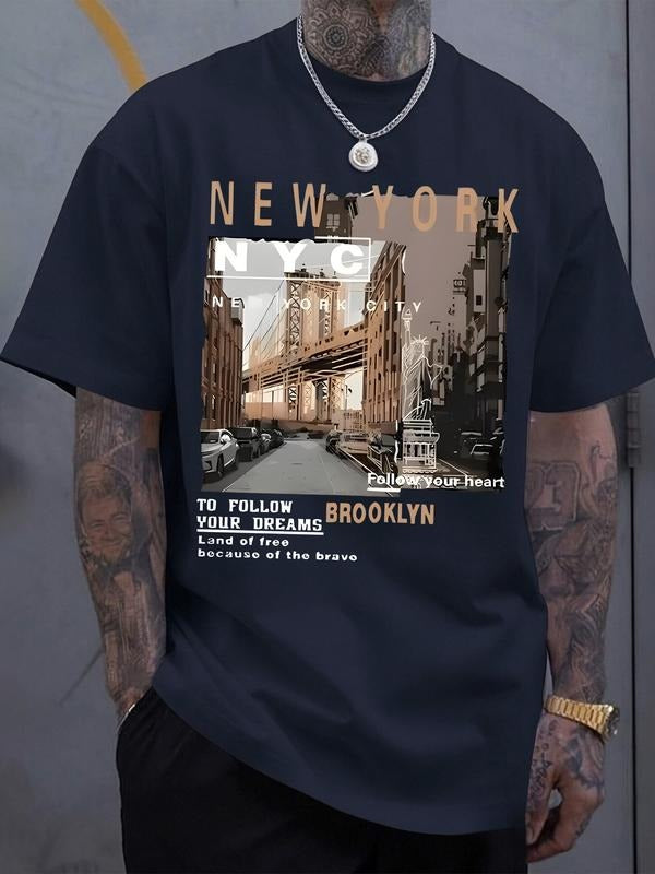 Men's Short Sleeve T-Shirt, New York City Street Scene Print, Brooklyn Bridge Text Design, Casual Fitted Style, All...