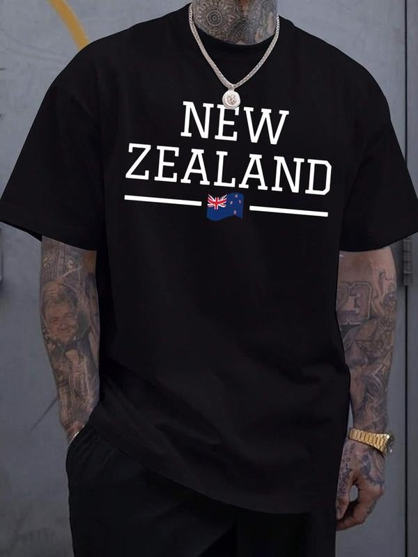 Men's Short Sleeve T-Shirt, New Zealand Flag Pattern Text Print, Casual Streetwear, Geometric Design, Fitted, All Seasons...