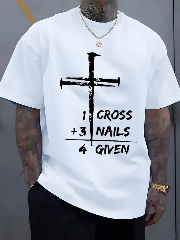 Men's Short Sleeve T-Shirt, Religious Cross and Text Print, Geometric Pattern, Casual Fitted Style, All Seasons Wear...