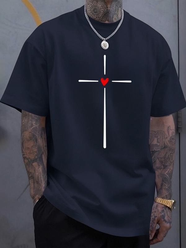 Men's Short Sleeve T-Shirt, Simple Cross Heart Print, Summer Streetwear, Casual Fitted Tee, Geometric Pattern, All...