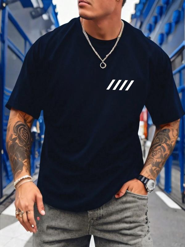 Men's Short Sleeve T-Shirt, Simple Diagonal Print, Wythe Tiger Text Design, Casual Daily Wear, Geometric Pattern, All...