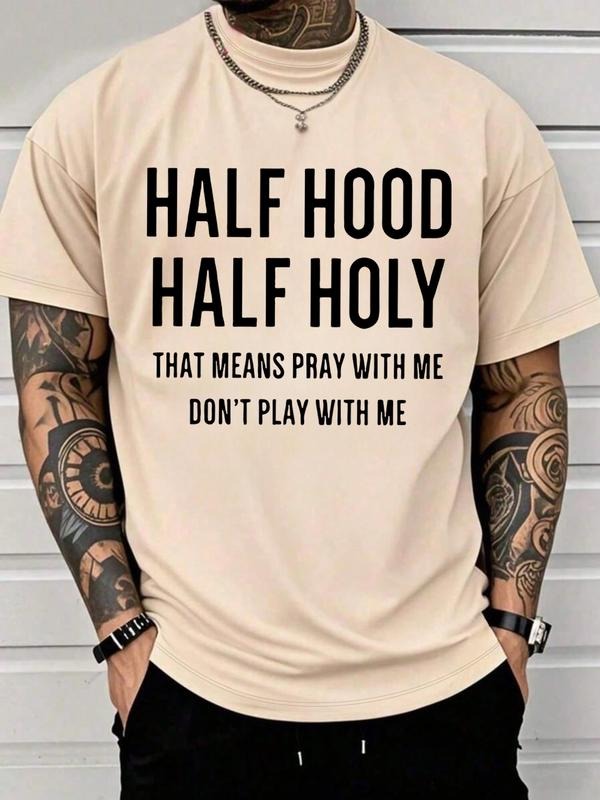 Men's Short Sleeve T-Shirt, Trendy Geometric Print, Half Gangster Half Holy Prayer Text, Street Casual Sportswear Hoodie,...