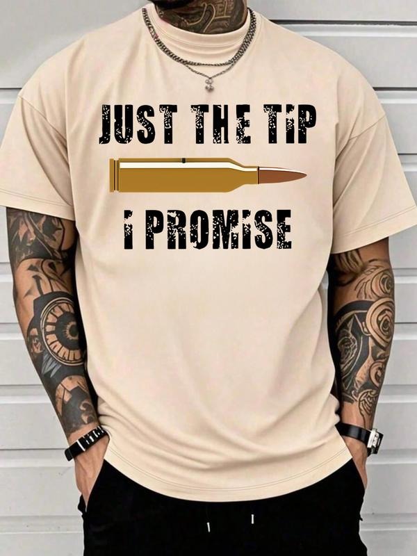 Men's Short Sleeve T-Shirt, Trendy Geometric Print, Just the Tip I Promise Design, Casual Fitted Streetwear, All Seasons...