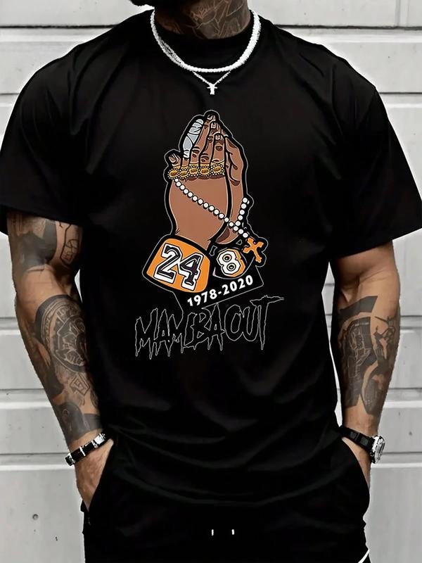 Men's Short Sleeve T-Shirt, Trendy Geometric Print, Prayer Gesture Design, Casual Streetwear, All Seasons, Fitted Style...