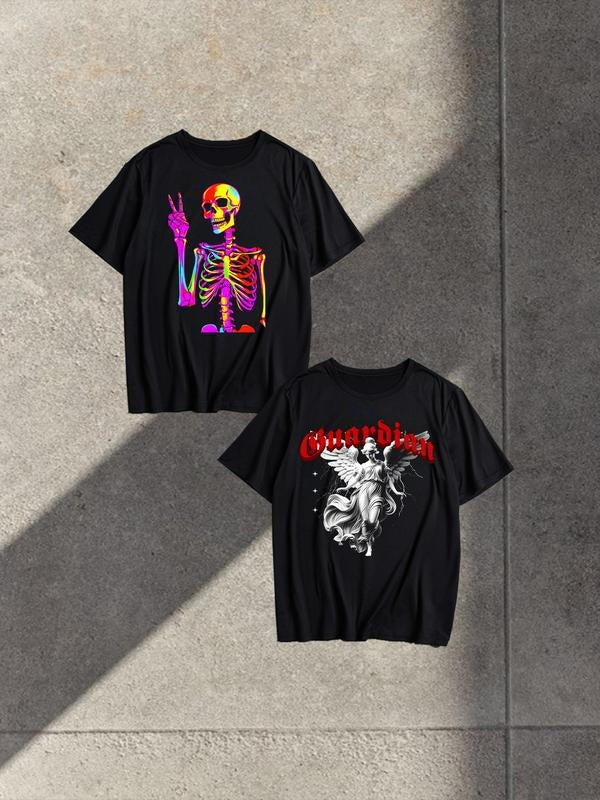 Men's Skeleton & Angel Letter Print Round Neck Tee, Casual Short Sleeve T-shirt for Summer, Men's Top for Daily Wear...