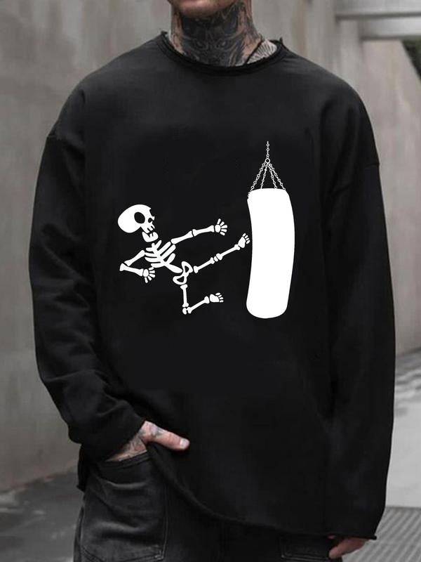Men's Skeleton & Boxing Glove Print Round Neck Sweatshirt, Regular Fit Casual Long Sleeve Crew Neck Pullover for Fall &...