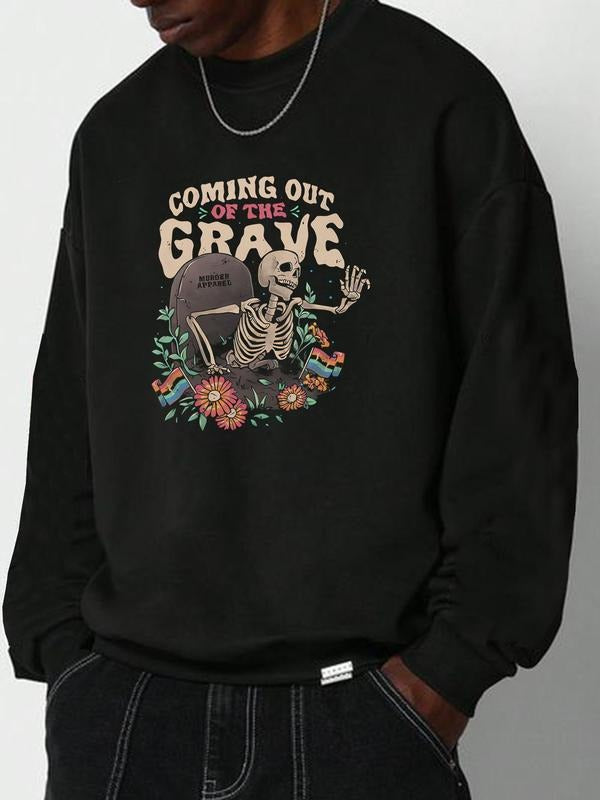 Men's Skeleton & Letter Print Drop Shoulder Sweatshirt, Regular Fit Casual Soft Comfy Long Sleeve Round Neck Pullover for...
