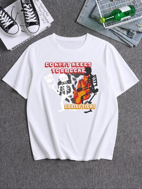 Men's Skeleton & Slogan Print Round Neck Tee, Fashion Casual Crew Neck T-Shirt for Daily Holiday Vacation Outdoor Wear,...
