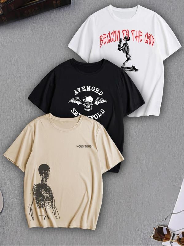 Men's Skeleton Graphic Print Round Neck Tee, Regular Fit Casual Short Sleeve T-shirt, Men's Summer Top for Daily Wear...